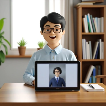 A candidate with short black hair and wearing a light blue shirt is smiling while sitting at a wooden desk in a cozy home office. The laptop in front of them is open, displaying a video call interface. In the background, there are bookshelves filled with books and a small indoor plant on the windowsill, letting in soft natural light. The candidate appears engaged and confident, with a notebook and a pen next to the laptop.