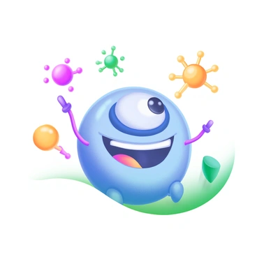 A cheerful cartoon "anion" character with a big smile and large eyes. The character has a round shape and is colored in a vibrant shade of blue. Surrounding the "anion" are several colorful "electrons" represented as small, spherical shapes in various colors including red, yellow, and green. These "electrons" are floating around the "anion" in a playful manner, creating a dynamic and lively composition.
