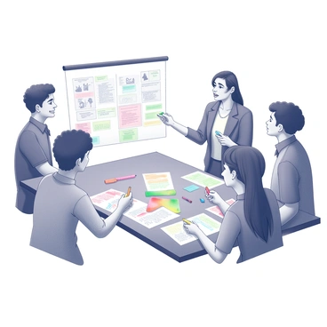 A mixed group of students is gathered around a large table. They are engaged in active discussion, collaborating on a project. One student is holding a large poster covered with sketches and notes. Several colorful markers are spread across the table, with students using them to add information to the poster. The students are of diverse backgrounds, and their expressions show enthusiasm and focus as they share ideas and contribute to the project.