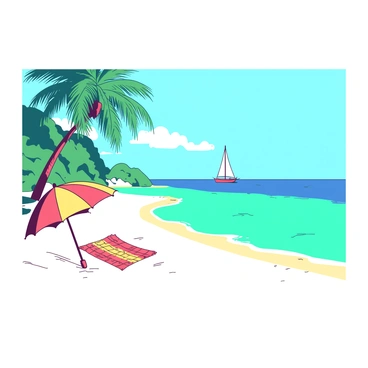 A large 30x20 board displays a sunny tropical beach scene. The beach is lined with fine white sand, gently curving along the shoreline. The turquoise water reflects the bright blue sky, with small waves lapping against the shore. In the foreground, there are a few palm trees leaning slightly towards the ocean, their green fronds swaying in the soft breeze. A colorful beach umbrella is positioned on the sand, with a matching beach towel spread out underneath. In the distance, there are a couple of sailboats gliding smoothly over the water.