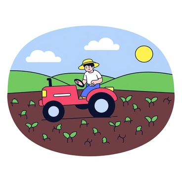 A farmer wearing a straw hat is plowing a field with a red tractor. The tractor is moving through rich, dark soil with visible furrows. Bright green sprouts of grass are emerging from the earth, indicating the beginning of spring growth. The warm sun is shining down, casting soft shadows across the field. In the background, there are rolling hills and a clear blue sky with a few fluffy white clouds.