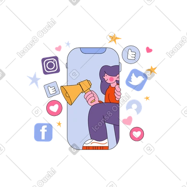 Woman with megaphone doing social media marketing animated illustration in GIF, Lottie (JSON), AE