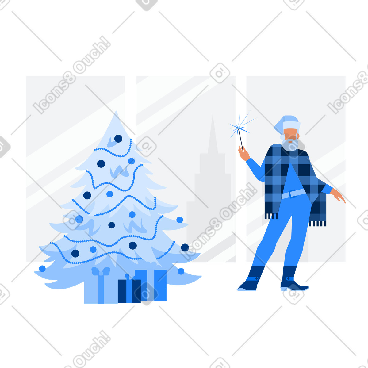 Illustration Person in santa costume celebrating christmas, holiday party on city background dans le style Urban à télécharger aux formats PNG, SVG