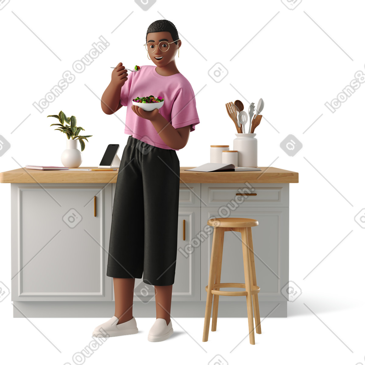 Woman eating in front of kitchen table illustration 3D Business style download PNG, SVG