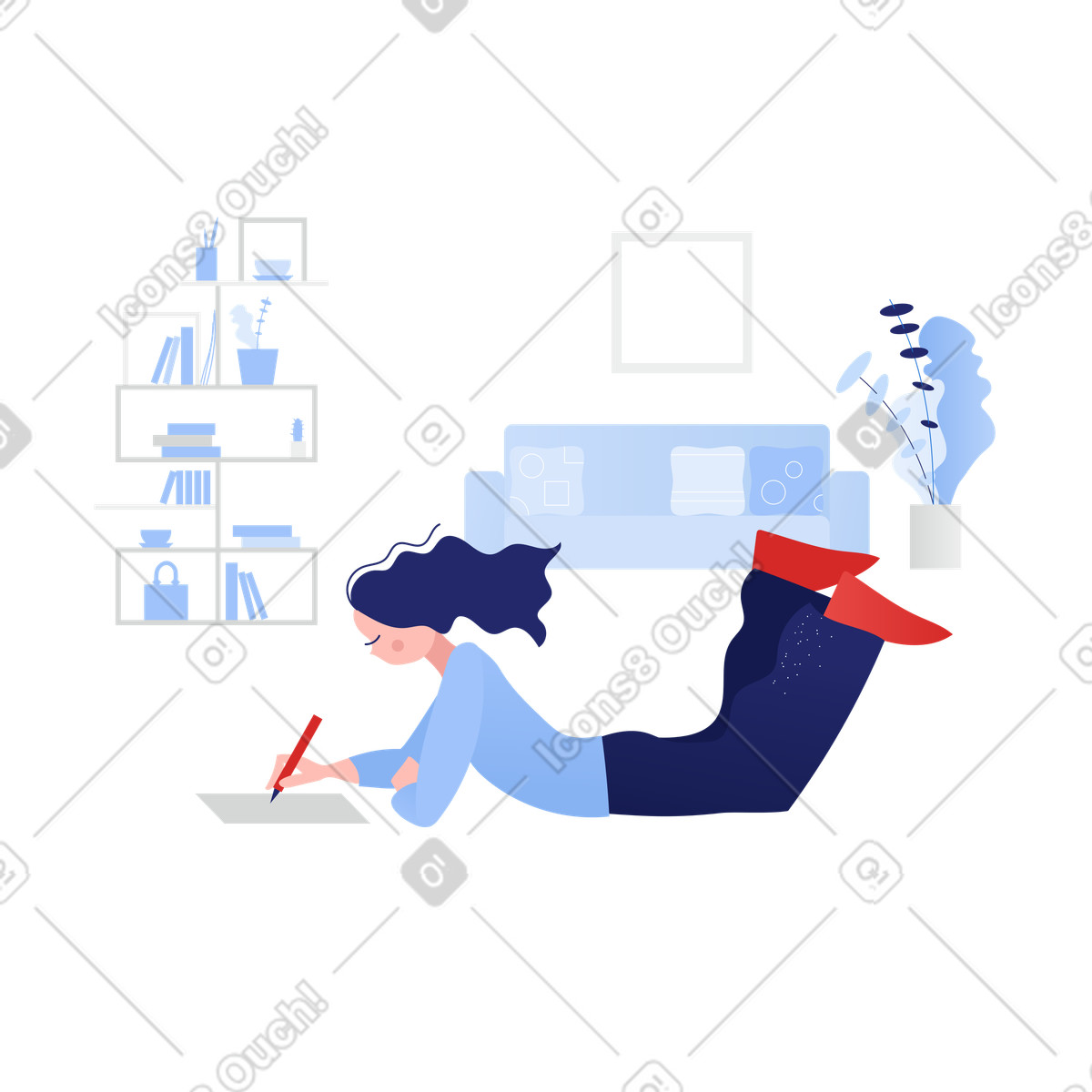 Ilustración Mujer acostada y escribiendo tareas en estilo Clip a descargar en PNG SVG