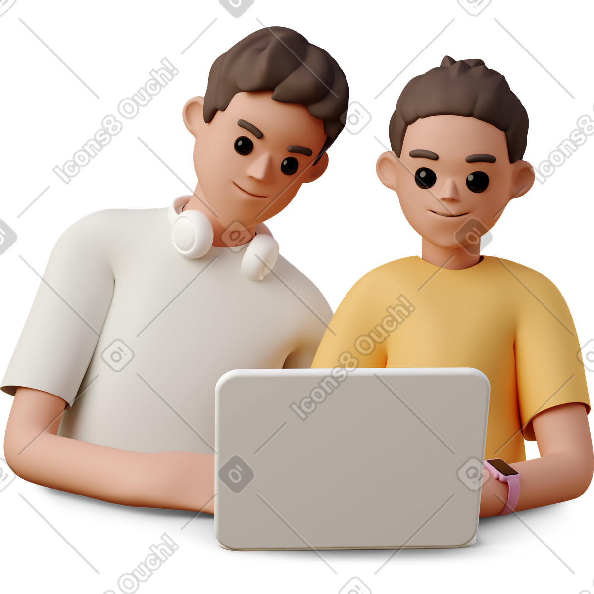 Junger mann und frau sitzen vor laptop-Illustration im 3D Casual life-Stil als Download in PNG, SVG