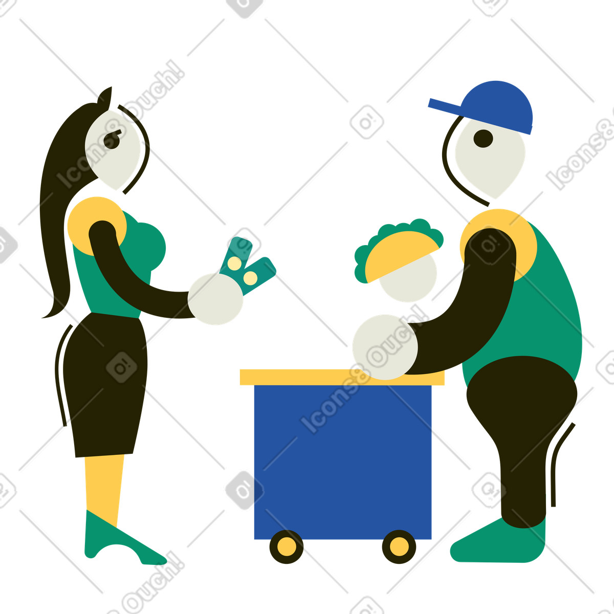 Illustration Une femme achète des tacos dans un stand de nourriture rue le style Spot à télécharger aux formats PNG, SVG