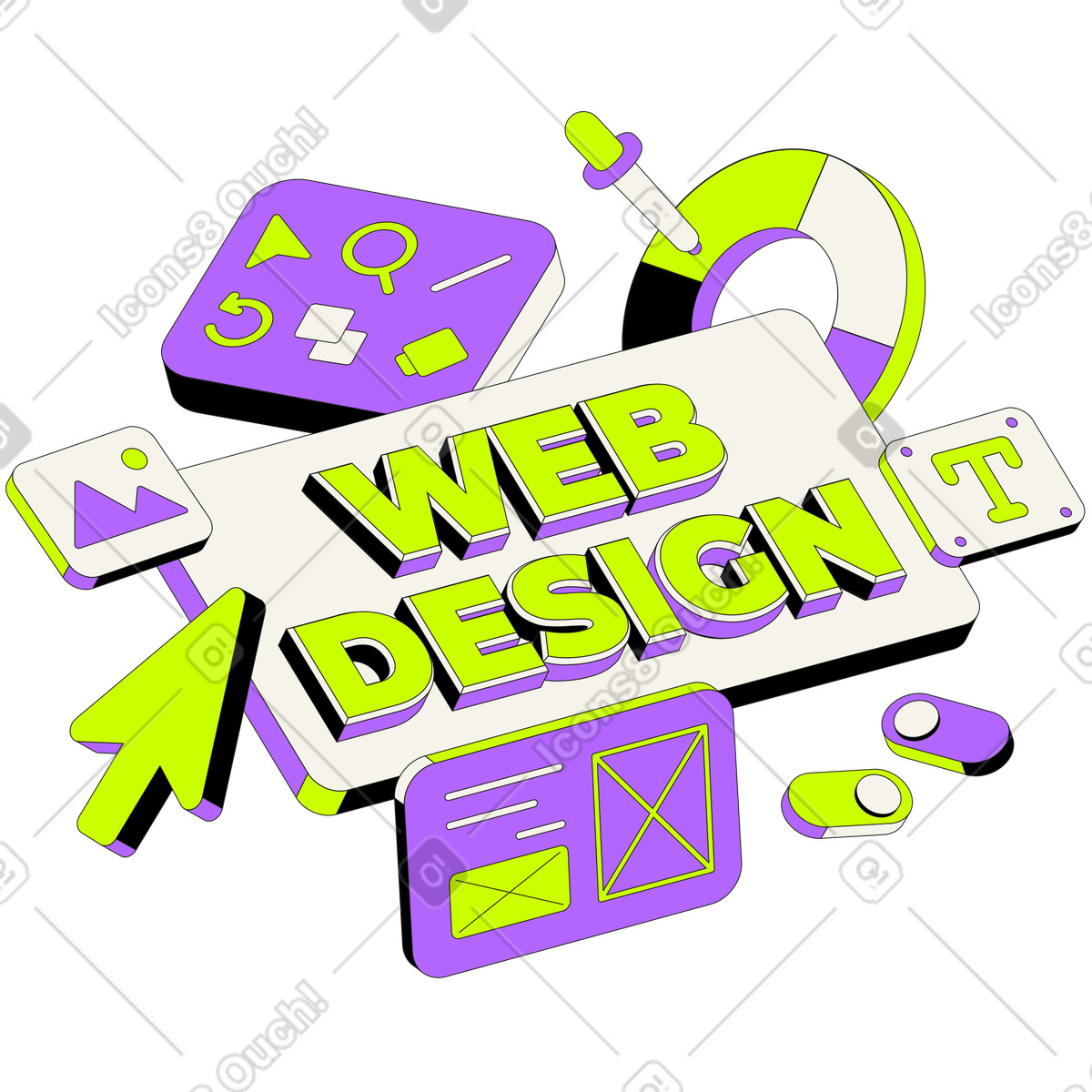 Ilustración Web design phrase with buttons and tools, Modern site creation toolkit en estilo Lettering a descargar en PNG y SVG