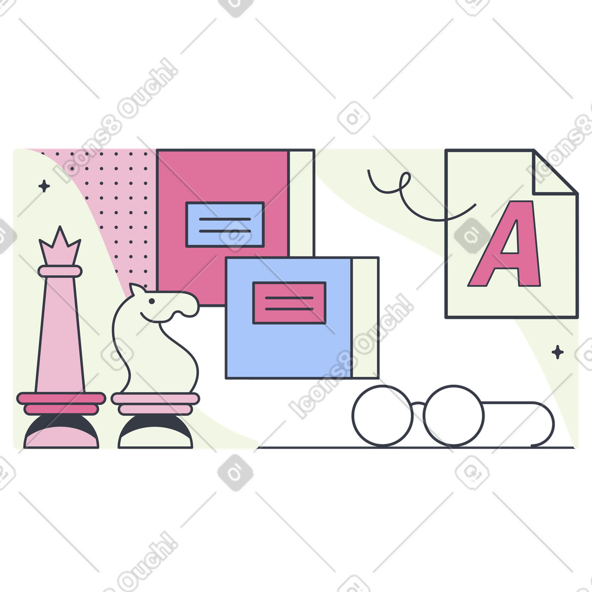 Books, chess pieces, and glasses, Strategic thinking in education illustration in Abstract style download in PNG, SVG