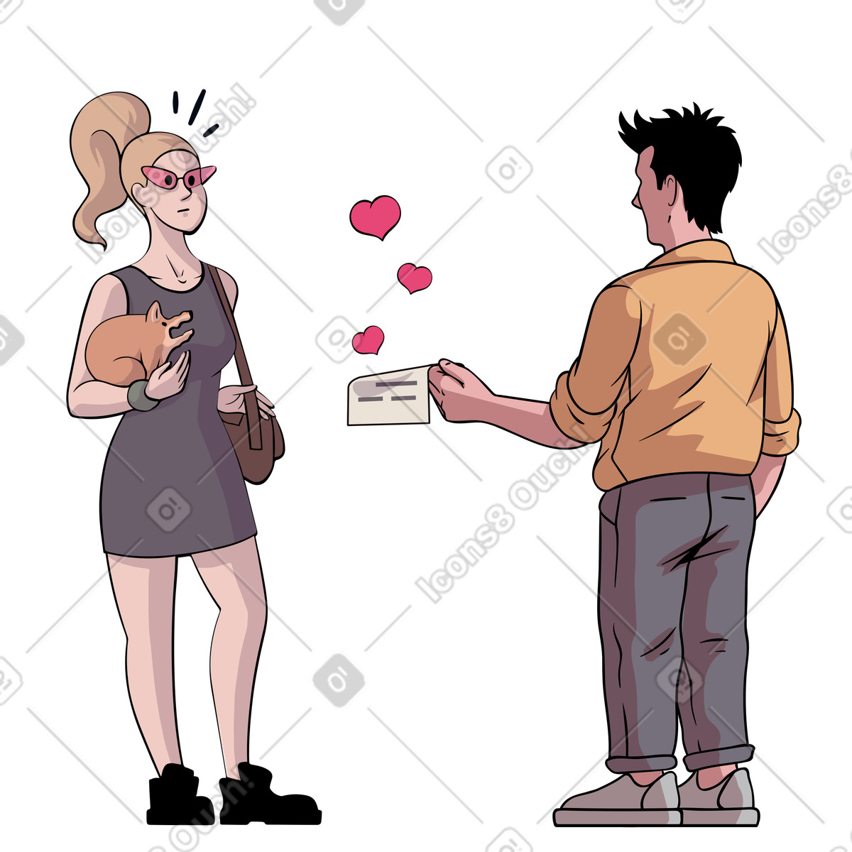 Ilustração de Homem entregando uma carta amor para mulher com um cachorrinho nas mãos em no estilo Eastwood baixar em PNG, SVG