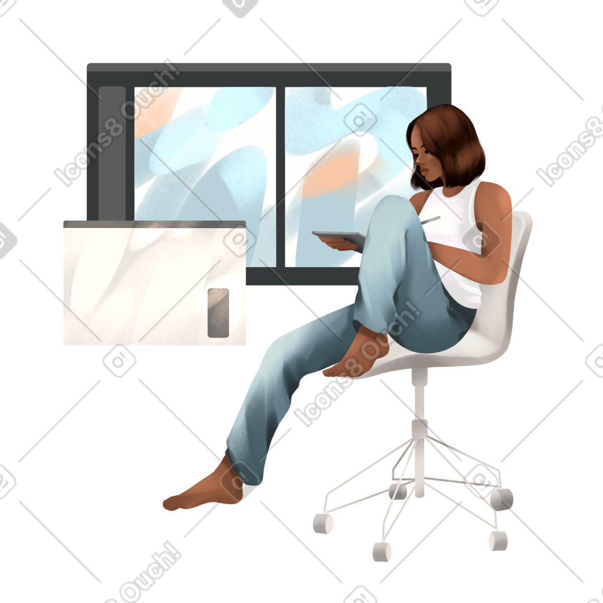 Graphic designer femminile al lavoro illustrazione in stile Demure scarica in PNG, SVG