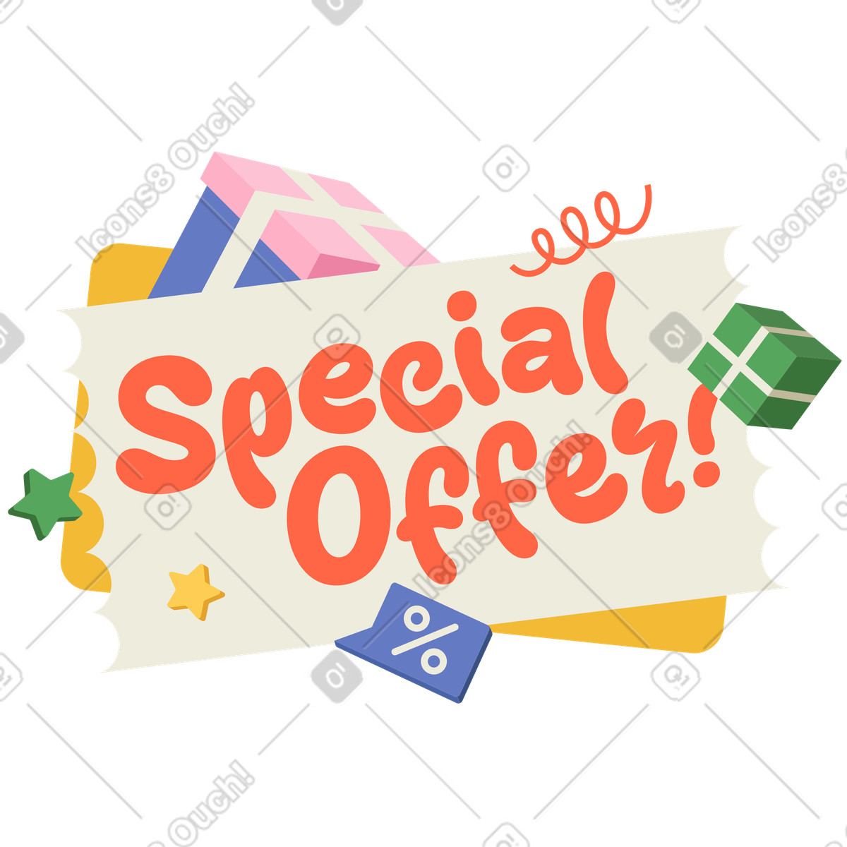 Social スタイルの 文字入れ特典！ボックスと星のテキストが付いたクーポン内 のイラストをPNG、SVG形式でダウンロード