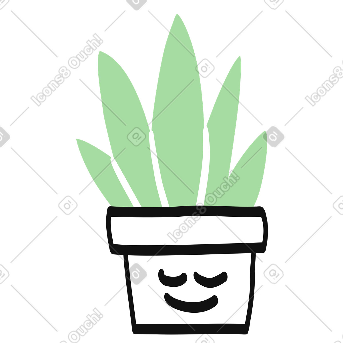 Illustration Succulent leaves growing from cute smiley flower pot doodle dans le style Organic à télécharger aux formats PNG, SVG
