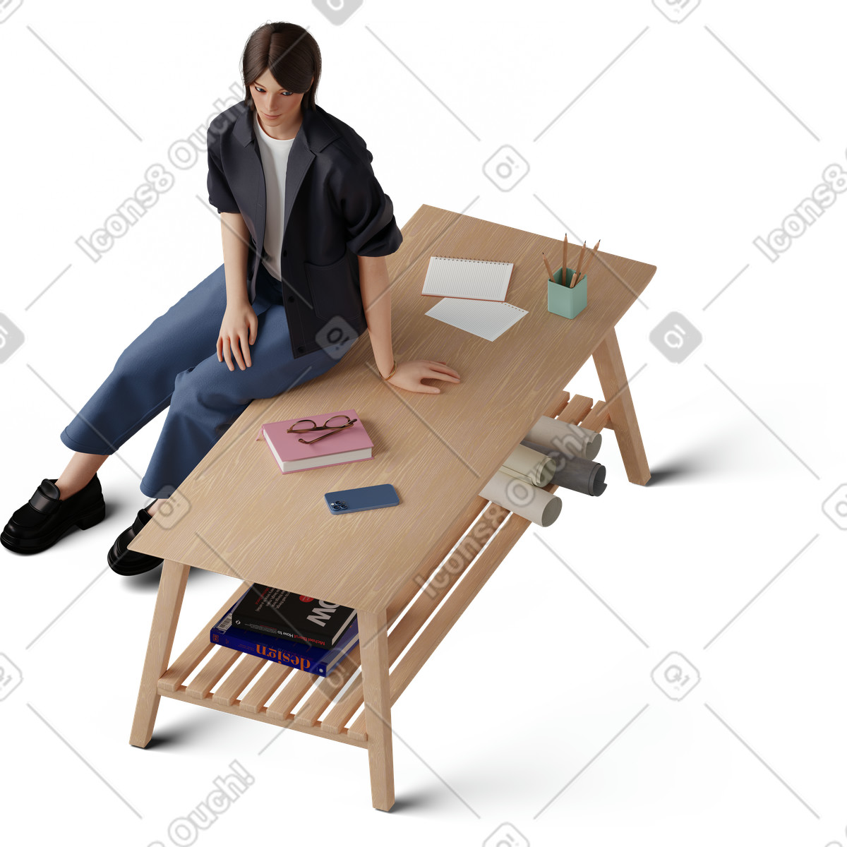 Illustration Isometric view of young woman sitting on coffee table dans le style 3D Hygge à télécharger aux formats PNG, SVG