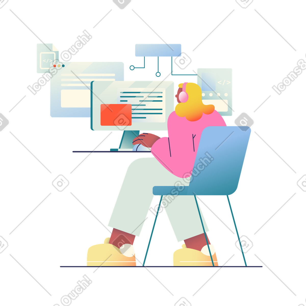 Woman sitting at desk and programming animated illustration in GIF, Lottie (JSON), AE