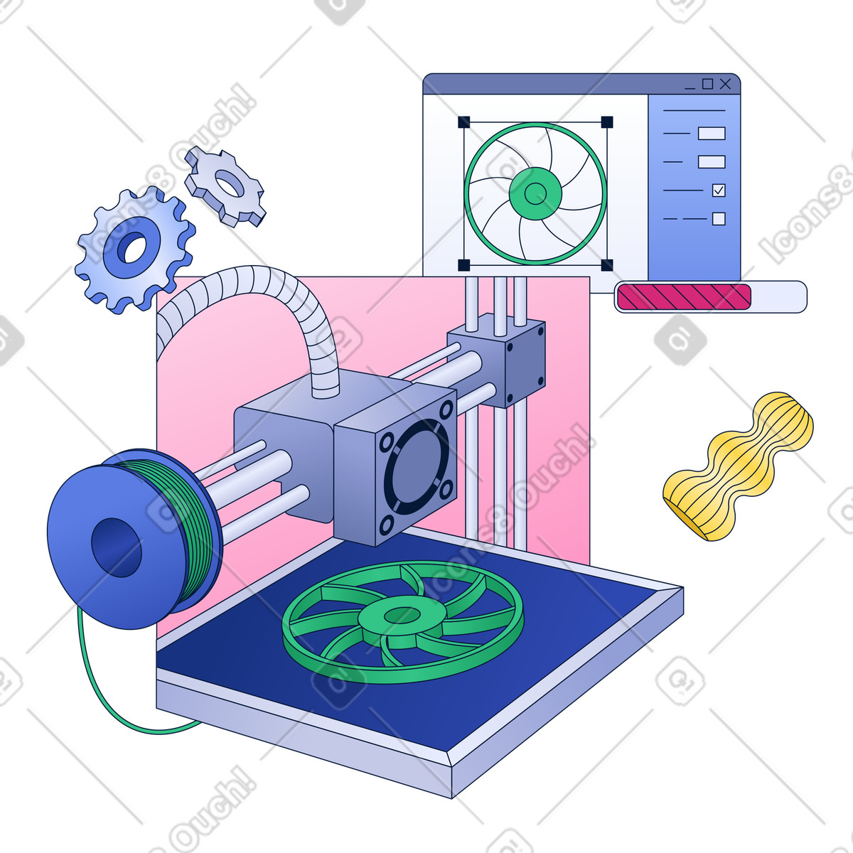 Additive manufacturing workflow, industrial 3d printer creating mechanical part illustration in Neat style download in PNG, SVG