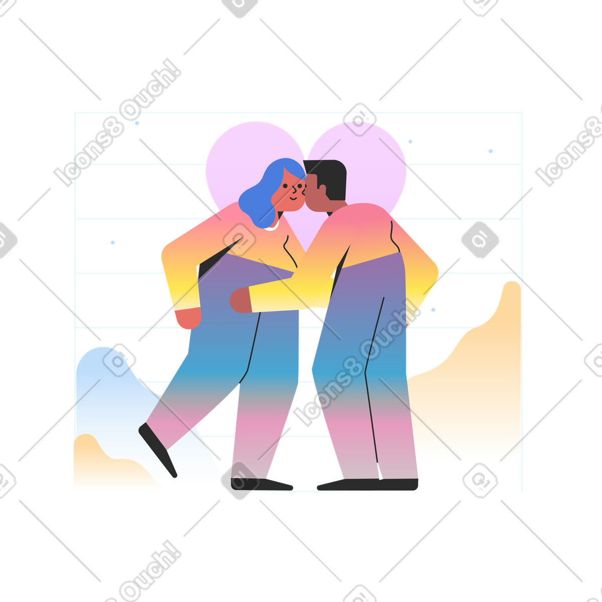 Uomo e donna che condividono un bacio illustrazione in stile Marginalia scarica in PNG, SVG