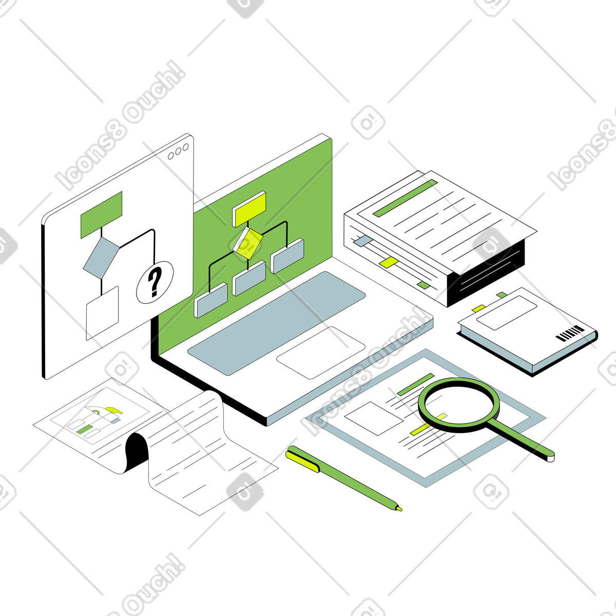 Ilustración Business intelligence y reporting empresarial en estilo Isometric a descargar en PNG SVG