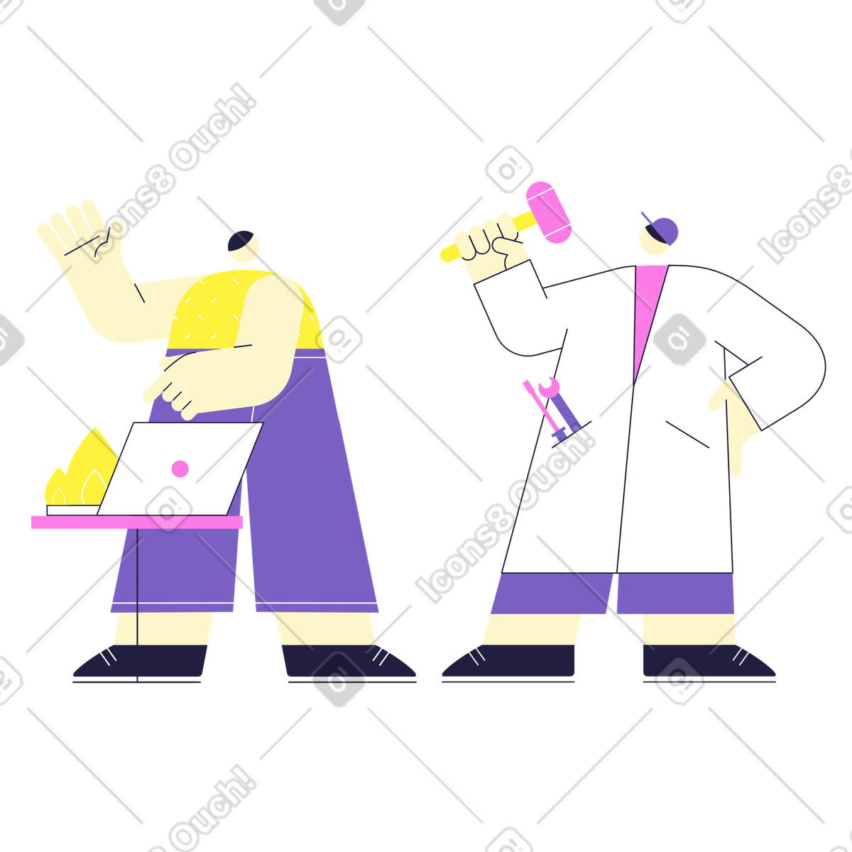 Technical support with man repairing a laptop illustration in PNG, SVG