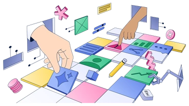 Hands interacting with colorful digital elements - Neat style illustration