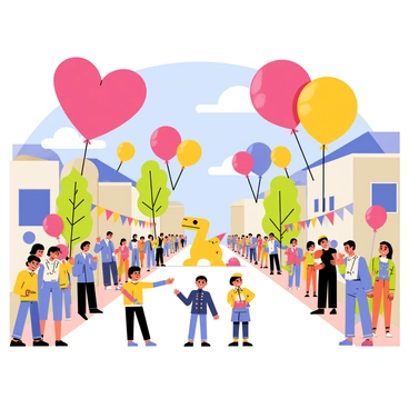 A street parade featuring large, colorful gas balloons in various shapes, including a bright red heart, a blue star, and a yellow dinosaur. People are gathered along the sides of the street, smiling and waving as the balloons float above them. The parade route is lined with festive banners and decorations. Children are pointing excitedly at the balloons, and there are performers in vibrant costumes entertaining the crowd. The sky is clear and blue, enhancing the cheerful atmosphere of the event.