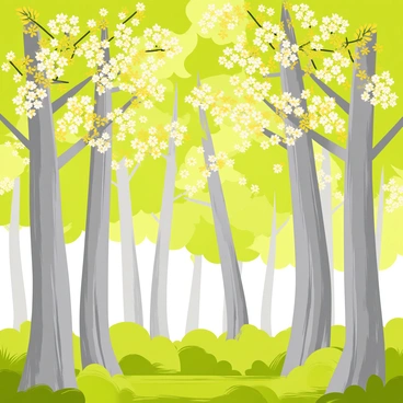 A dense forest filled with tall eucalyptus trees featuring smooth gray bark and a vibrant green canopy. The branches of the trees are adorned with clusters of white and yellow flowers, creating a colorful display against the foliage. Sunlight filters through the leaves, casting dappled light on the forest floor, which is covered in a mix of green underbrush and fallen leaves. The scene captures the height and majesty of the eucalyptus trees, with some trees leaning slightly due to their natural growth patterns.