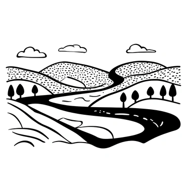 A black-and-white illustration of rolling hills that undulate gently across the image. A winding river flows through the landscape, its curves and bends creating a dynamic path. The texture of the hills is emphasized, showcasing a pattern indicative of lino printing techniques. The riverbanks are lined with sparse trees, their silhouettes contrasting with the hills. A few scattered clouds float above, adding depth to the sky.