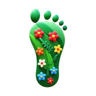 A footprint shape filled with various plants and flowers. The plants include vibrant green leaves, colorful blossoms, and small ferns. The flowers have a mix of bright hues like red, yellow, and blue. The overall design of the footprint is clear and distinct, showcasing the intricate details of each plant and flower. The background is a soft, neutral color that allows the footprint to stand out prominently.