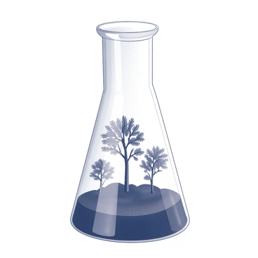 A large glass beaker sits on a flat surface. Inside the beaker, several miniature trees are growing, each with a distinct shape and texture. The trees have intricate branches and delicate leaves, some appearing lush and full while others are more sparse. The soil at the bottom of the beaker is dark and textured, providing a stark contrast to the transparent glass. The overall composition highlights the contrast between the fine details of the miniature trees and the simplicity of the beaker.