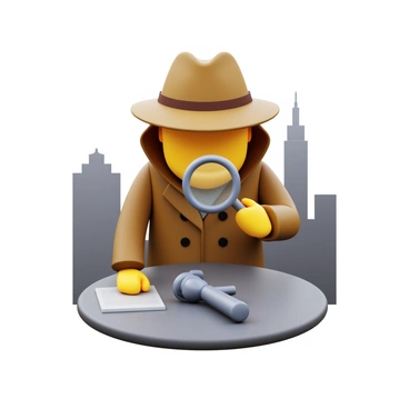 A detective in a classic trench coat is holding a magnifying glass. The detective has a focused expression, intently examining a mysterious clue on the ground. The clue is partially obscured, hinting at intrigue. The detective's hat casts a shadow over their eyes, adding to the atmosphere of investigation. There are subtle details in the background, like faint outlines of buildings, suggesting an urban setting. The overall composition creates a sense of suspense and curiosity.