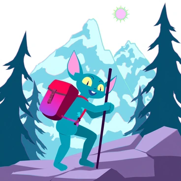 A gremlin hiking up a mountain trail with a tiny backpack.
