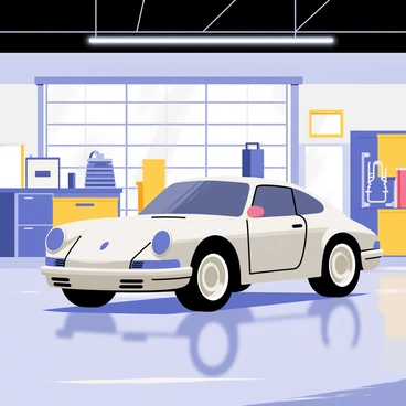 An elegant Porsche sports car is parked in a modern garage. The Porsche has a sleek body design, showing off its shiny silver exterior. The garage features polished concrete floors that reflect the car's curves. Soft ambient lighting is strategically placed around the garage, illuminating the Porsche and creating a sophisticated atmosphere. Various tools and equipment are neatly organized in the background, complementing the contemporary style of the space.