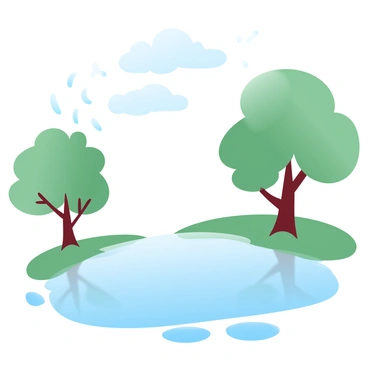 A puddle on the ground reflects the sky filled with soft gradient pastel colors of a cloudy day. Fluffy clouds are scattered across the surface of the water. Surrounding the puddle, trees with lush green leaves stand tall, their outlines mirrored in the water. Raindrops create gentle ripples across the puddle, adding texture to the reflection. The scene evokes the feeling of a rainy May day.
