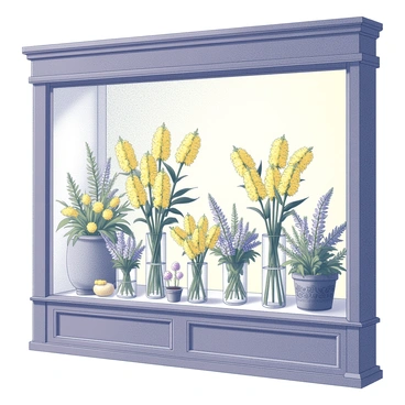 A flower shop window display featuring an arrangement of "goldenrod bouquets". The bouquets are placed in clear glass vases, showcasing the tall stems and bright clusters of flowers. Surrounding the bouquets are various green foliage and smaller accent flowers, creating a lush atmosphere. The window display has ornate wooden framing, with decorative elements that add to its quaint charm. The interior can be seen softly illuminated, highlighting the vibrant colors of the flowers.