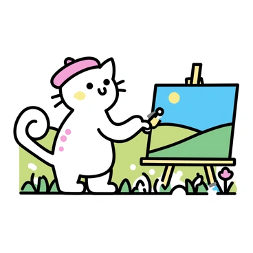 A cartoon cat with a round face and oversized eyes, wearing a red beret tilted to one side. The cat is standing on its hind legs in front of a blank canvas on an easel. It holds a paintbrush in its paw, with splashes of paint on its fur. The background features a vibrant landscape with rolling green hills and a clear blue sky, while colorful flowers dot the foreground. The canvas displays a partially painted scene of the landscape, showcasing the cat's artistic endeavor.