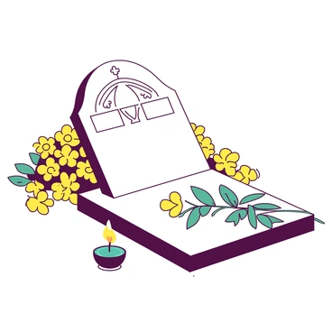 A close-up view of a white gravestone featuring intricate engravings. The gravestone is surrounded by a cluster of vibrant yellow flowers, freshly placed and carefully arranged. A small teal candle sits at the base of the gravestone, its flickering flame illuminating the details on the stone. The flowers are in full bloom, contrasting beautifully against the smooth surface of the gravestone. The entire composition conveys a sense of remembrance and tribute.