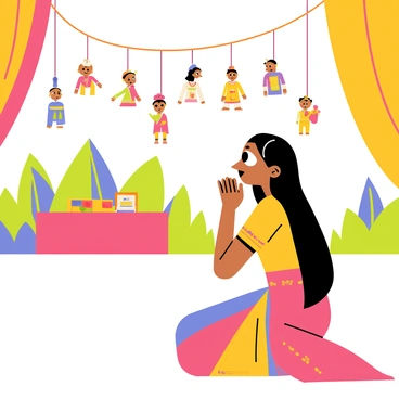 An Indian girl with long black hair wearing a colorful traditional dress sits on the ground. Her wide eyes reflect amazement as she watches a traditional puppet show. Brightly colored puppets dangle from strings above, featuring intricate designs and patterns. The background includes a vibrant outdoor setting with greenery and colorful drapes adding to the festive atmosphere. The girl's hands are clasped together in front of her mouth, showcasing her captivation by the performance.
