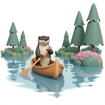 A river otter, with sleek brown fur and bright eyes, is paddling a wooden canoe down a gentle river. The otter is positioned at the front of the canoe, using a small oar, with its paws gripping the handle. The river is lined with lush greenery, featuring tall trees and vibrant bushes that reflect in the clear water. Sunlight filters through the leaves, casting dappled shadows on the surface of the river. The otter looks content as it navigates through the calm waters, surrounded by the beauty of nature.