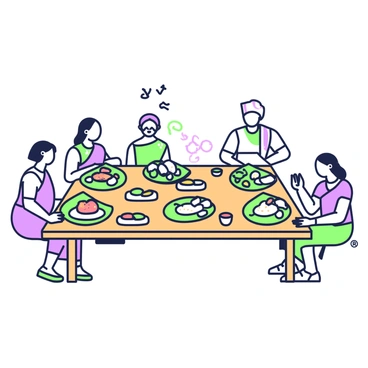 A long wooden dining table is set with vibrant banana leaf plates. Each plate is filled with various traditional South Indian dishes, including rice, sambar, rasam, and a variety of vegetable curries. There are small bowls of chutneys arranged around the plates, adding to the colorful display. Several guests are seated around the table, engaged in lively conversation as they enjoy their meal. The guests are dressed in traditional attire, with some wearing sarees and others in dhotis. The atmosphere is filled with laughter and the aroma of spices, enhancing the inviting scene.