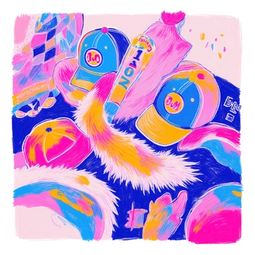 A close-up view of various fan merchandise displays a vibrant assortment of items. There are several hats featuring embroidered team logos in bold colors. Scattered among them are fluffy scarves with intricate patterns that reflect team colors. Prominently displayed is a foam finger raised high, emblazoned with the team's name and number one designation. The merchandise is arranged on a textured surface, highlighting the vividness of each item and their shared team spirit.