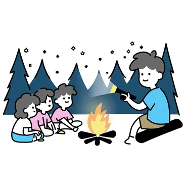 A cartoon boy with tousled hair is sitting on a log by a campfire. He is wearing a blue t-shirt and brown shorts. The campfire is crackling with orange and yellow flames, casting warm light on his face. He is holding a flashlight in one hand, pointing it towards a group of children sitting around him. The children are eagerly listening, their faces illuminated by the firelight. In the background, there are tall trees silhouetted against the night sky filled with stars. The scene conveys a sense of adventure and excitement.