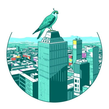 A teal falcon is perched majestically atop a tall skyscraper, its sharp eyes scanning the expansive cityscape below. The skyscraper is made of reflective glass, catching the light of the sun. In the background, various buildings of different heights create a dynamic skyline, with a mix of colorful rooftops and billboards. The falcon's feathers are slightly ruffled by the wind, giving it a regal appearance as it sits confidently on the edge. The sky above is bright and clear, allowing for a panoramic view of the bustling city beneath.
