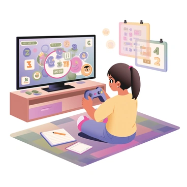 A child sitting on a colorful rug, focused on a gaming console. The child has dark brown hair tied in a ponytail and is wearing a bright yellow t-shirt with blue jeans. The television screen displays a vibrant educational video game interface filled with numbers, shapes, and animated characters. The game features a cheerful cartoon math wizard encouraging the child. The room is decorated with educational posters featuring numbers and shapes, and there are various math-related toys scattered around. The controller in the child's hands has colorful buttons, and there is a notebook with math problems and a pencil nearby.
