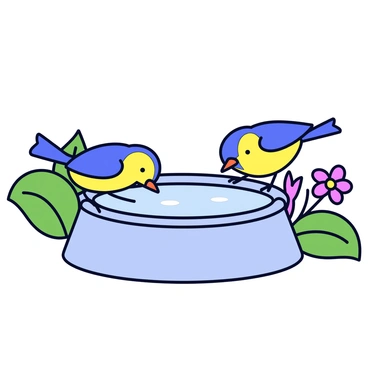 A small bird with vibrant blue and yellow feathers is perched on the edge of a round stone fountain. The fountain has clear, flowing water that sparkles in the sunlight. The bird is bending down slightly, dipping its beak into the water to take a sip. The fountain is surrounded by lush green plants and flowers, adding a touch of color to the scene.