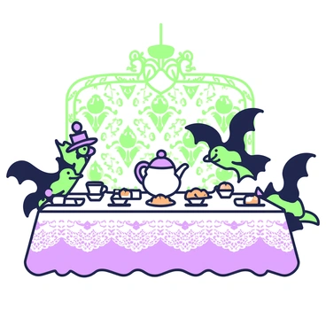 A Victorian table is set for a tea party, adorned with an elegant lace tablecloth. Around the table, there are several bats, each with unique characteristics. Some bats are wearing tiny hats while others have miniature bow ties. They are perched on the edges of the table and hovering above it, ready to indulge in various tea party treats. A delicate teapot sits in the center, surrounded by mismatched teacups and an assortment of pastries, including scones and tiny cakes. The background features ornate wallpaper and a chandelier casting soft light over the scene.