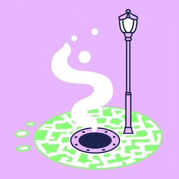 A drain illuminated by a streetlight at night, with mist rising