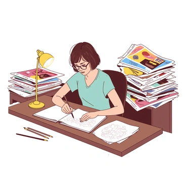 An illustrator sits at a wooden desk, focused on drawing an editorial piece. The illustrator has short brown hair and wears glasses, with a sketchbook open in front, revealing rough pencil sketches. Surrounding the desk are various magazines and newspapers, stacked in disorganized piles, showcasing colorful covers and articles. A warm yellow desk lamp casts a soft glow over the workspace, illuminating the creative chaos. There are scattered colored pencils and brushes beside the sketchbook, hinting at the illustrator's active process.