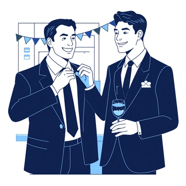 A groom wearing a classic black suit is adjusting his tie with a confident smile on his face. His tie is a deep shade of blue, complementing the suit. Next to him, the best man, dressed in a matching black suit, is holding a glass of sparkling drink. The best man has a light-hearted expression, clearly enjoying the moment. In the background, there are decorations suggesting a wedding setting, creating a celebratory atmosphere.