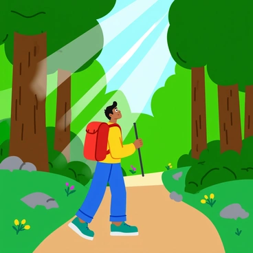 A person wearing a bright red backpack is hiking on a narrow dirt trail. Sunlight filters through the lush green leaves of tall trees, creating dappled patches of light on the ground. The hiker is looking upward, captivated by the shimmering rays of sunlight. The trees around them are thick and vibrant, with varying shades of green, and some have rough brown bark. A few wildflowers in shades of purple and yellow peek through the underbrush along the path. The atmosphere is lively and filled with the beauty of nature.