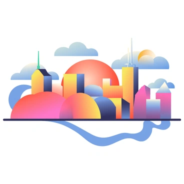A skyline features various buildings with an elastic appearance, stretching and contracting as if made of rubber. The structures have unique shapes, with some towering tall and others squished low, creating a dynamic cityscape. The buildings are bathed in the warm, vibrant colors of a sunset, with hues of orange, pink, and purple reflecting off their surfaces. The sky above is a gradient of deep blue transitioning into bright sunset colors, enhancing the lively atmosphere of the scene.